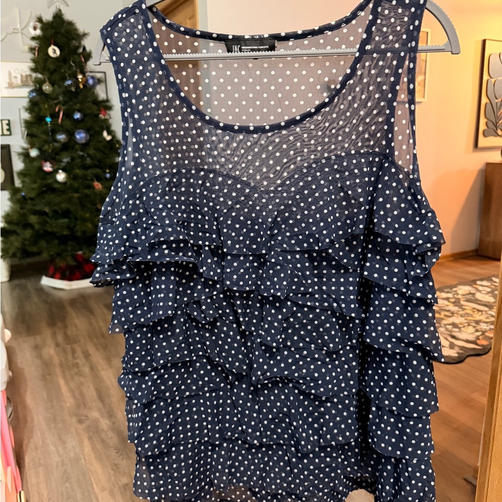 INC navy polka dot sheer ruffle top
